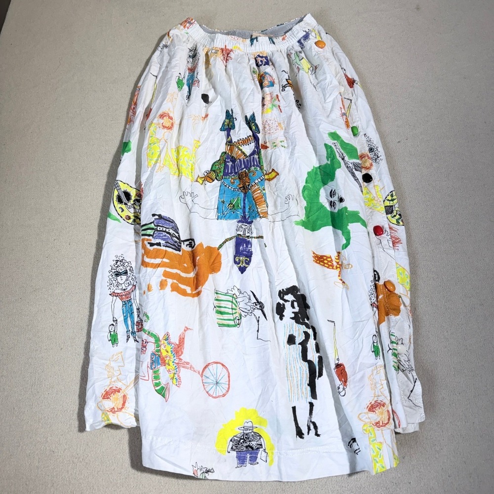 Vintage Gene Ewing BIS Crayon Print Skirt White Cotton Denim Midi Large